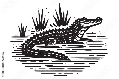 Crocodile in the river.   Old vintage engraving illustration. Hand drawn outline graphic. Logo, emblem, icon. Isolated object, cut out. black and white  © Victoria