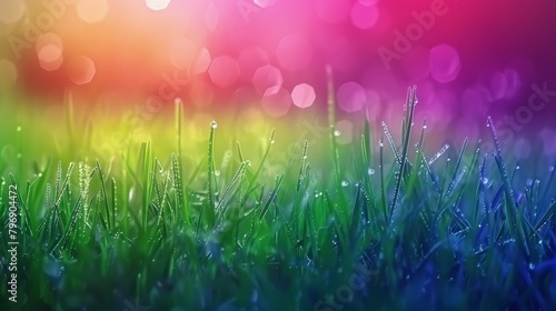 Vibrant Sunrise dew on lush green grass with colorful bokeh background
