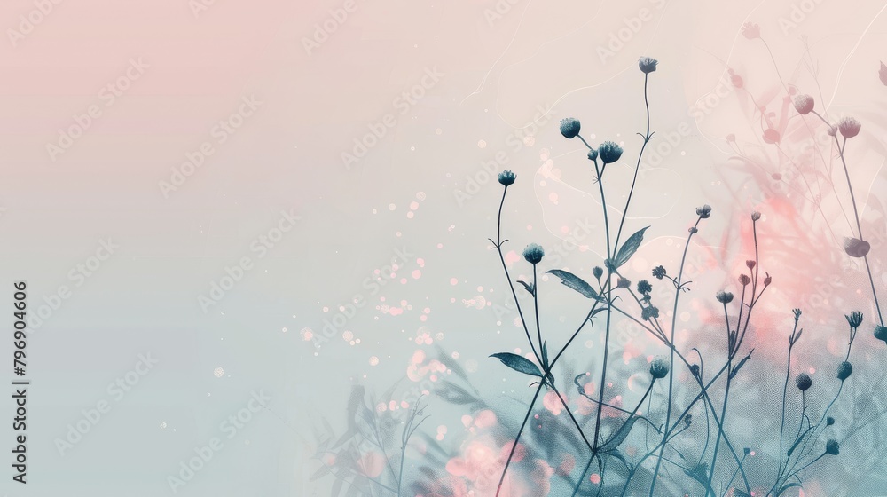 Ethereal floral silhouettes with soft pastel background and glowing bokeh effects