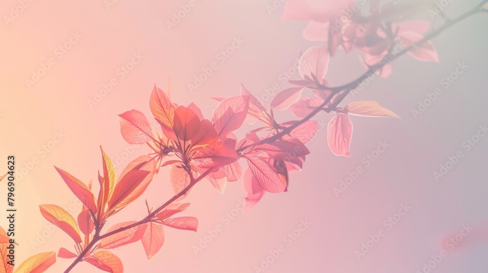 Ethereal spring blossoms on branch against soft pink sky background