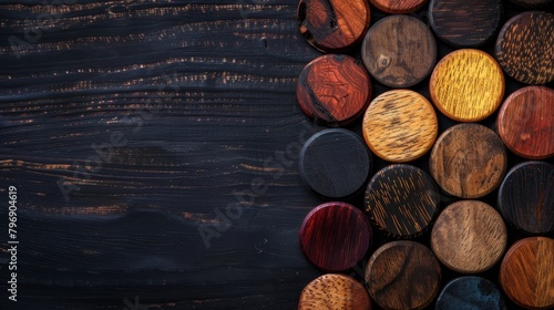   A tight shot of assorted wooden pieces in various colors atop a blackwood table, with ample room for text inscription photo