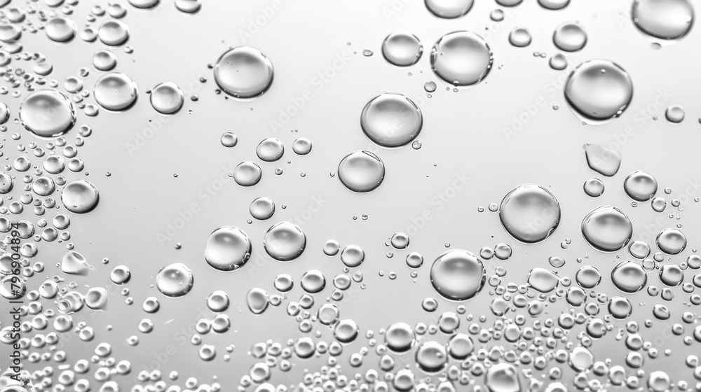 A tight shot of water bubbles against a white and gray backdrop, teeming with numerous water droplets at their bases A tight shot of water bubbles against a white and gray backdrop, teeming with numerous water droplets at their bases
