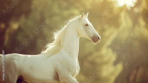  A white horse gallops in a field Trees line the backdrop, sunlit by shining sunlight
