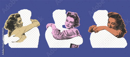 Retro Surreal Collage Set. Trendy halftone elements in a retro-futurism style, Woman hugging a man. Vintage psychedelic dotted stickers for poster art or social media. Contemporary concept.