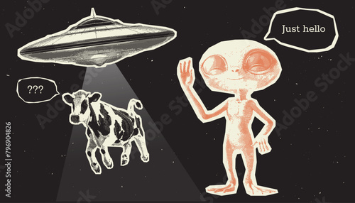 Retro Surreal Collage Set. Trendy halftone clip art elements in a retro futurism style, includes alien, UFO ship, cow. Vintage psychedelic dotted stickers for poster art or social media. Contemporary 