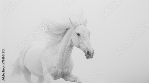  A white horse gallops through a foggy field in a monochrome photograph, its mane billowing in the wind