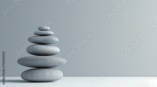  A white table holds a stack of rocks; nearby, a gray wall stands, its reflection visible behind