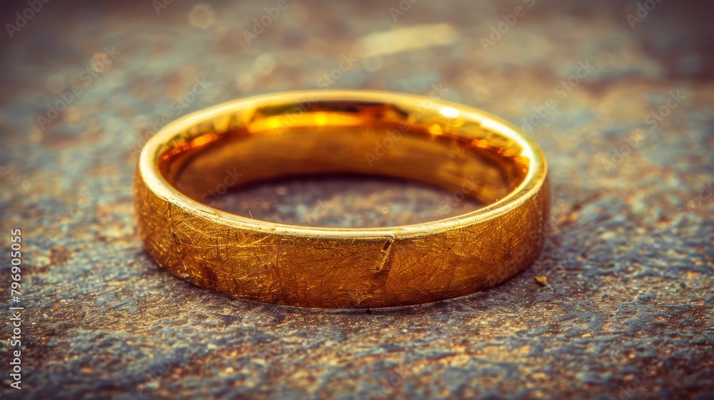 A tight shot of a golden wedding band atop a gray backdrop, displaying a minute fissure through its heart A tight shot of a golden wedding band atop a gray backdrop, displaying a minute fissure through its heart