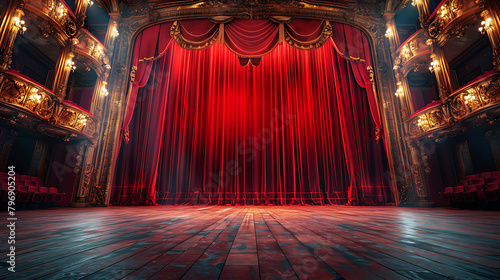 An elegant stage in a baroque opera house adorned with red curtains and spotlights, surrounded by ornate loge boxes, evoking a sense of grandeur and drama photo