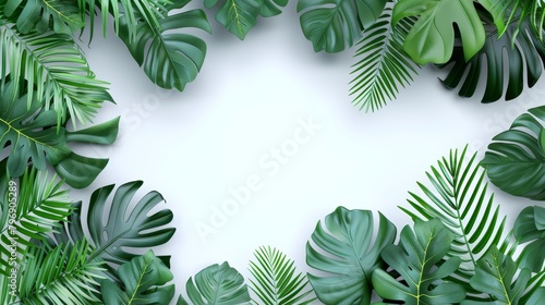   A clear white background with a cluster of green leaves in the center  ready for text or image placement