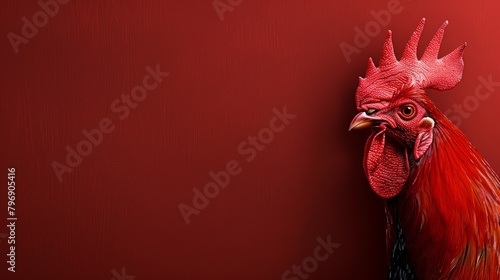  A red background features a tight shot of a rooster's head, with a red wall situated in the foreground