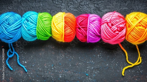   A line of multicolored balls of yarn aligned on a black background, with a crochet hook nearby photo