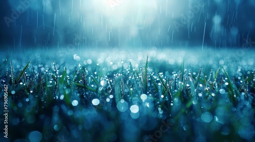   A rain-soaked grass field with sun rays piercing through, illuminating individual raindrops on blades photo