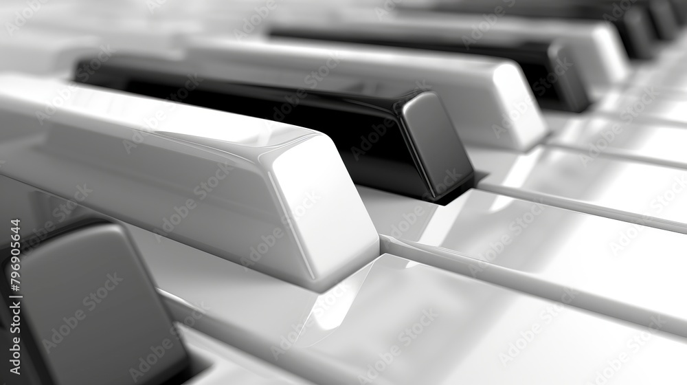   A tight shot of a piano keyboard, featuring black and white keys, and an out-of-focus depiction of the keytoppers