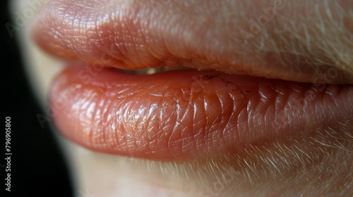  A tight shot of a person's lip, featuring a ring positioned in its center