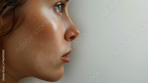   A tight shot of a woman's face featuring distinctive freckles sprinkled across her nostrils photo