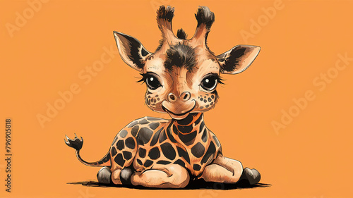 A messy art line sketch of a cute modern baby giraffe cartoon illustration