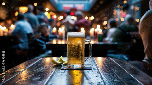 Beer standing on a table in a bar with people in the background © elmowski