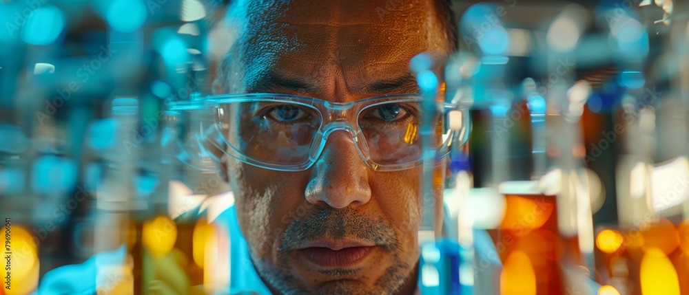 Fotografie A man wearing glasses and holding a test tube in his hand