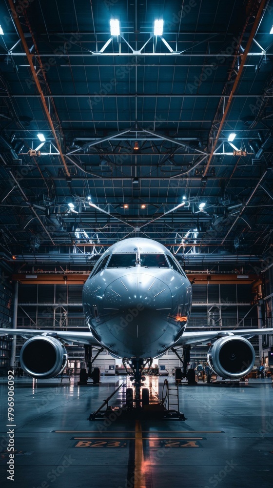 A large airplane sitting in a hangar with lights on. Generative AI.