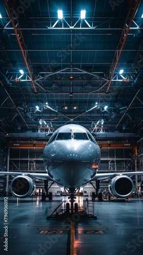 A large airplane sitting in a hangar with lights on. Generative AI.