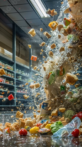 A large amount of food is falling from a shelf in the store. Generative AI.
