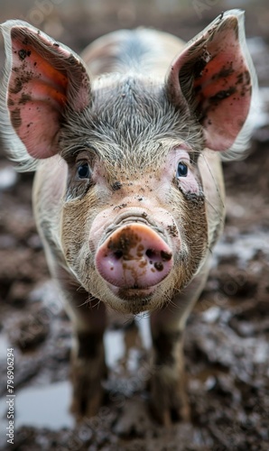 A pig with a big nose and ears standing in mud. Generative AI.