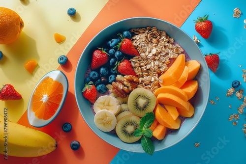Rolled oat and coconut cereal for a vibrant breakfast, mixed with creamy banana and colorful fruits, offering a fiber-rich, low-calorie choice for a quick morning boost.
