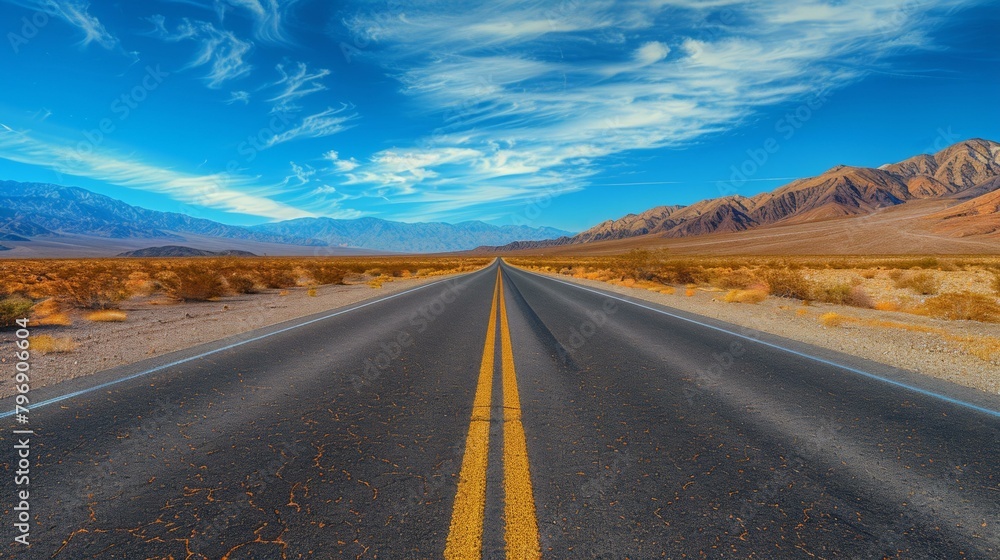 A long empty road in the desert with mountains and clouds. Generative AI. A long empty road in the desert with mountains and clouds. Generative AI.