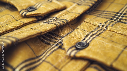  A detailed shot of a yellow jacket featuring black and white checks, along with a solitary black button at its front
