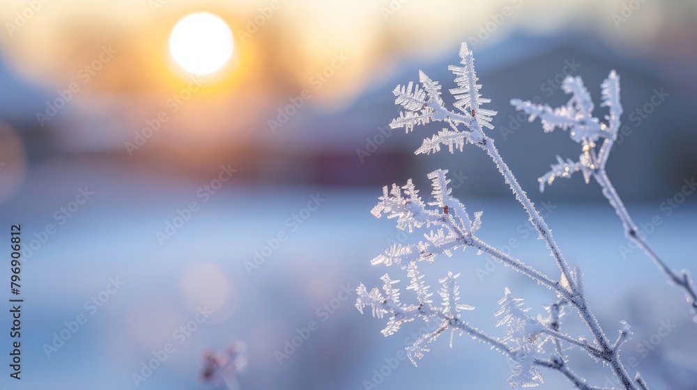   A tight shot of a frost-covered plant against a backdrop of a sunset, its background softly blurred