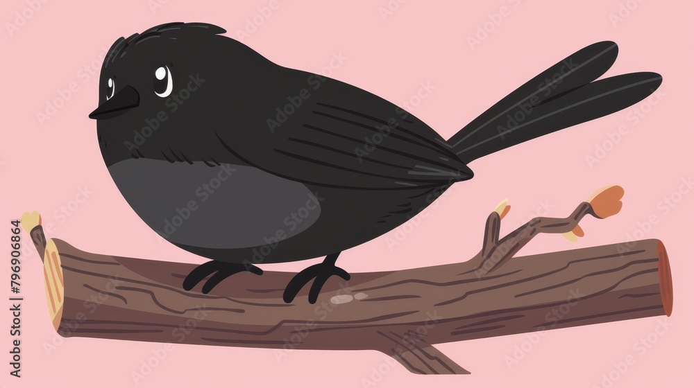 Naklejka premium A black bird perched on a tree branch, its back half depicting a sad expression