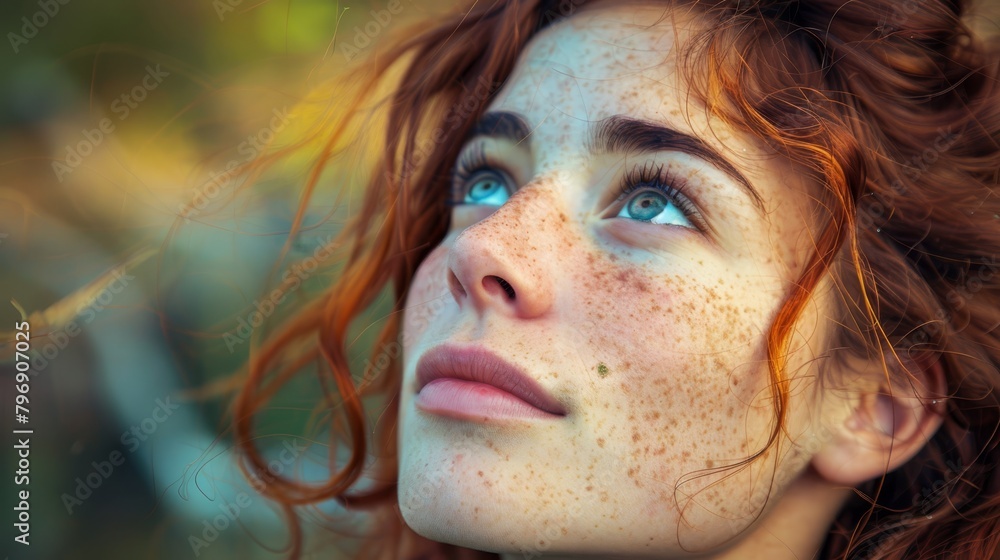 A close-up of a woman's face adorned with freckles A close-up of a woman's face adorned with freckles