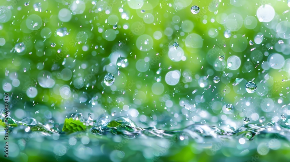   A tight shot of water droplets on a verdant leafy surface, with softly blurred grass in the backdrop