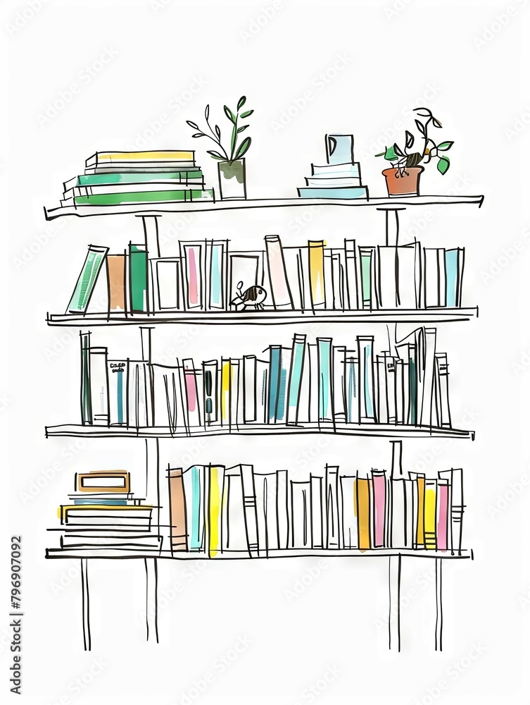 Minimalist One Line Drawing of a Stylized Library Bookshelf in Pastel ...
