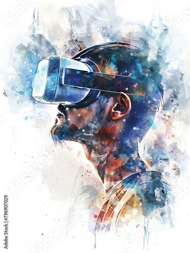 Immersive Augmented Reality Headset Depicted in Vivid Watercolor Painting with Intricate Graphic Details and Dynamic Brush Strokes