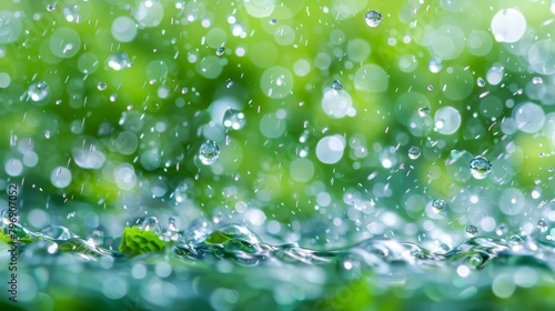 A tight shot of water droplets on a verdant leafy surface, with softly blurred grass in the backdrop