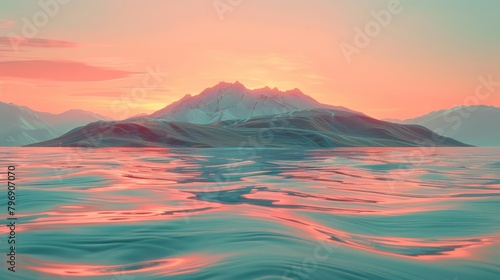   A sunset painting over a body of water with mountains in the distance  depicted in the foreground