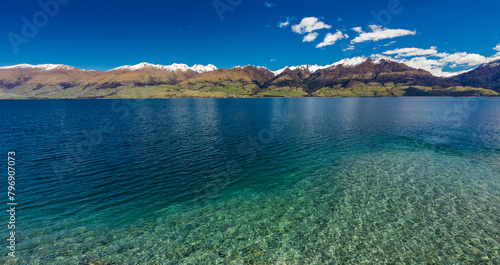 Aerial drone view, north side of Lake Wanaka at Makarora, South Island, New Zealand