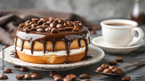  A cake on a white plate, beside a cup of coffee and a saucer, on a table