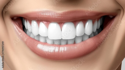  A tight shot of a woman's teeth, displaying gleaming whites from both the teeth and gums in the upper jaw