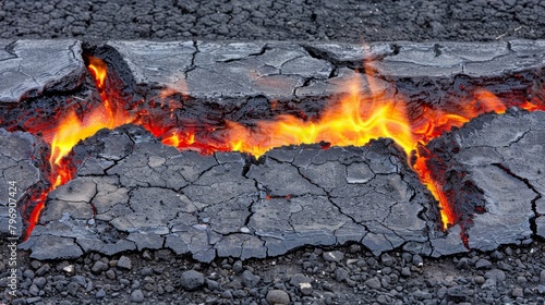  A tight shot of a roadway bearing a Bat symbol on its edge, engulfed in fire with flames emerging from it