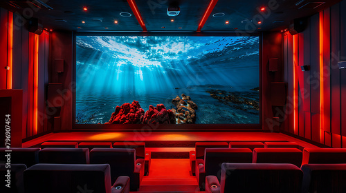 Red cinema hall with maritime-themed images projected on screen. Illuminated by spotlights, creating an atmospheric ambiance. Ideal for cinematic or nautical-themed projects photo