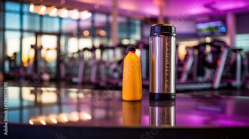 In a bustling gym, a shaker bottle filled with a potent energy-boosting mixture sits on a stainless steel counter Generative AI photo