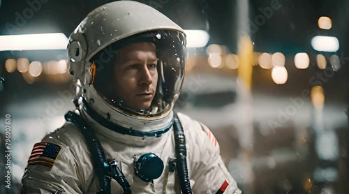 Astronaut in Space Suit Standing in Rain photo