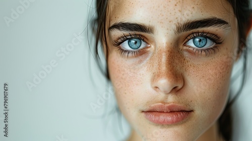  A tight shot of a woman's freckled face, featuring freckles around her eyes
