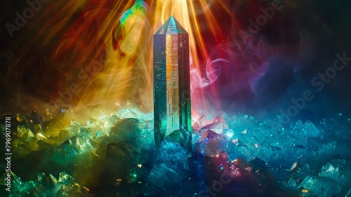   A towering structure enveloped in copious amounts of vibrant smoke against a black backdrop From its summit, a brilliant beam of light emanates photo