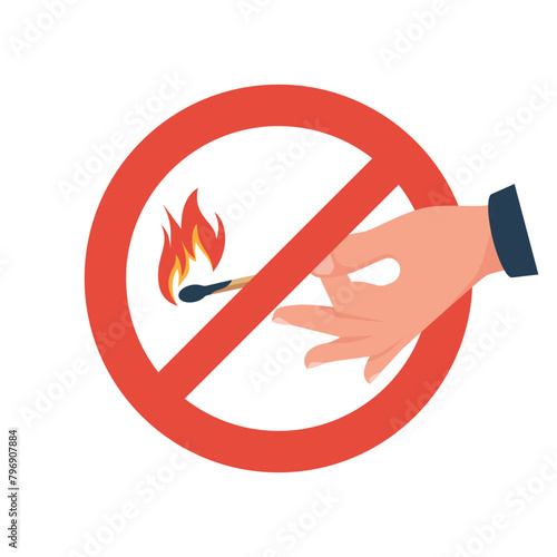 No Fire icon. Not flame, color glyph. Prohibition sign do not set fire. Matches in hand. Vector illustration flat design. Isolated on white background. photo