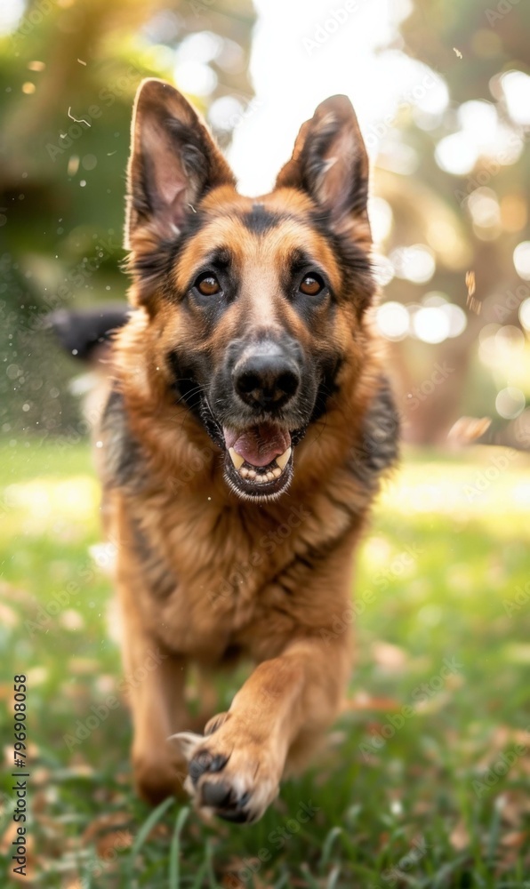 A german shepherd dog running through the grass with a smile on his face. Generative AI. A german shepherd dog running through the grass with a smile on his face. Generative AI.