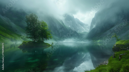 A tranquil mountain lake reflects towering peaks amidst misty fog, with trees lining the serene shoreline in this captivating landscape photograph